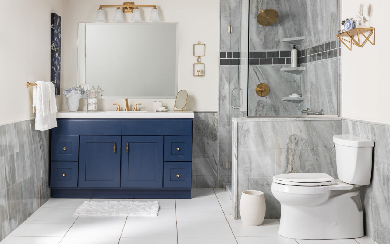 Finished bathroom remodel with modern shower details